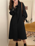 Airchics longue manteau en laine boutonnage avec poches ceinture col revers femme casual mode noir