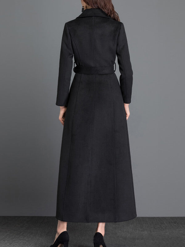 Airchics longue manteau en laine boutonnage avec poches ceinture col revers femme élégant mode noir