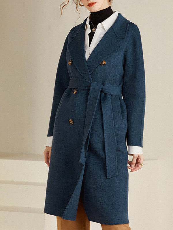 Airchics mi-longue manteau en laine double boutonnage avec poches ceinture col revers femme mode