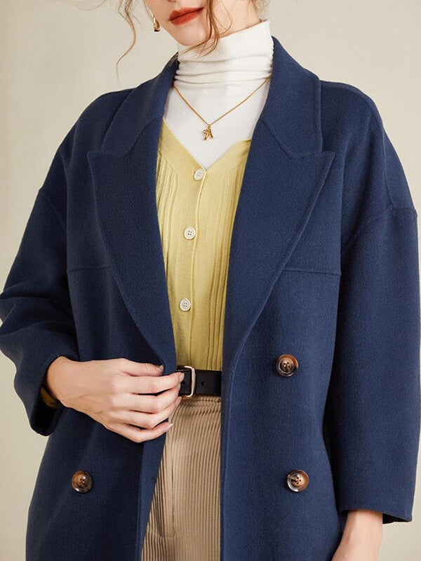 Airchics mi-longue manteau en laine double boutonnage avec poches col revers épaule tombante femme mode
