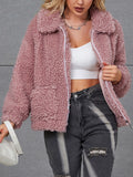 Airchics court manteau teddy coat fermeture éclair avec poches col revers femme mode doux veste rose