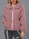 Airchics court manteau teddy coat fermeture éclair avec poches col revers femme mode doux veste rose