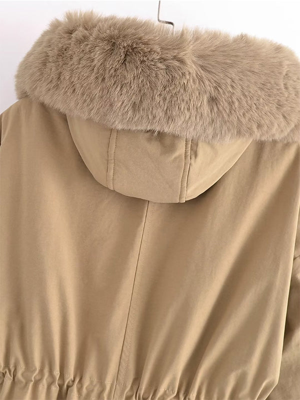 Airchics mi-longue manteau fermeture éclair avec poches coulisse taille col en fourrure à capuche femme mode