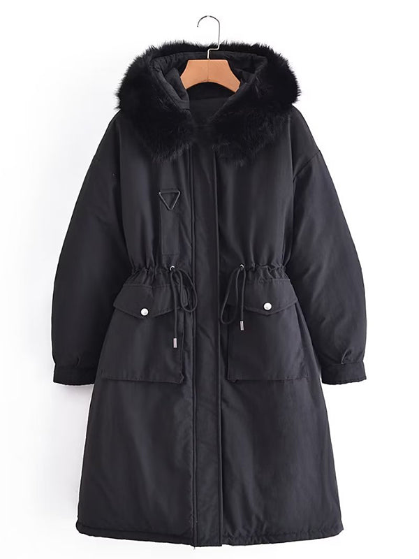 Airchics mi-longue manteau fermeture éclair avec poches coulisse taille col en fourrure à capuche femme mode