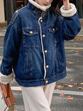 Airchics court manteau doublé polaire jean boutonnage avec boutons poches ceinture col revers femme mode