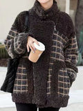 Airchics manteau carreaux imitation peau de mouton teddy poches ceinture col revers femme mode veste