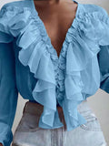 Airchics blouse à volantée mousseline plissé v-cou manches longues femme élégant