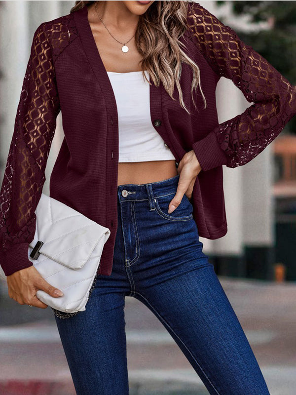 Airchics cardigan en maille dentelle boutonnage v-cou manches longues femme casual pull
