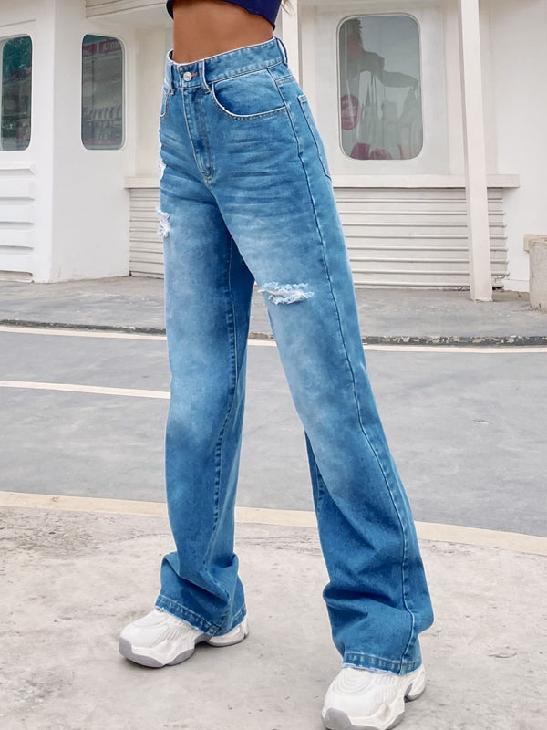 Airchics longue jeans déchiré troué taille haute ample mode femme pantalons
