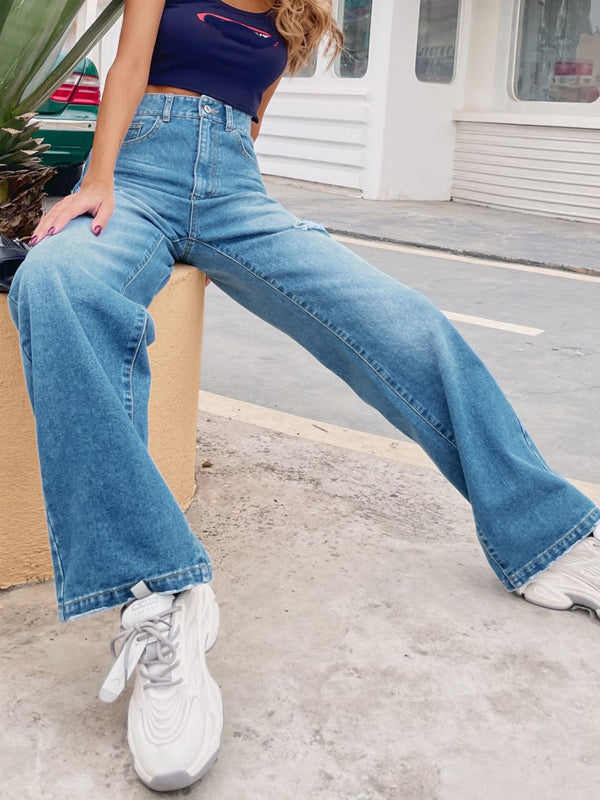 Airchics longue jeans déchiré troué taille haute ample mode femme pantalons