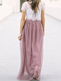 Airchics jupe longue tulle plissé taille haute élastique mode femme vieux rose