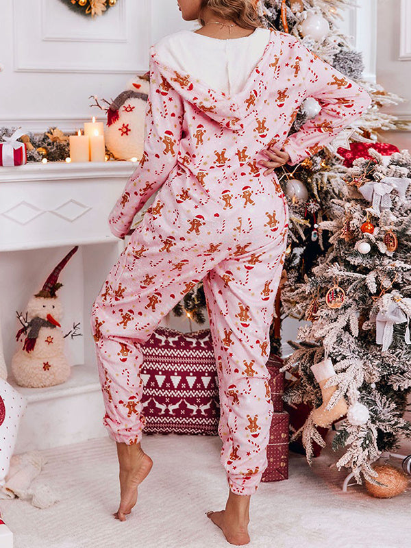 Airchics pyjama noël polaire imprimé capuche mignon femme combinaison rose