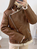 Airchics manteau aviateur en cuir doublé polaire femme perfecto veste marron