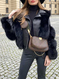 Airchics manteau avec fausse fourrure simili cuir col revers mode femme noir