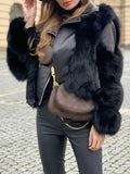 Airchics manteau avec fausse fourrure simili cuir col revers mode femme noir