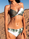 Airchics maillot de bain imprimé feuille 2 pièces dos nu licou femme été bikini vert