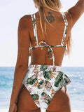 Airchics maillots de bain bikini  imprimé à fleurs à volants dos nu sans manches mode femme vert