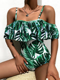 Airchics maillot de bain une pièce à motif tropical volantée épaules fendues d'été vert