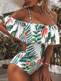 Airchics maillot de bain imprimée tropicale une pièce volantée épaules fendues femme vert et blanc