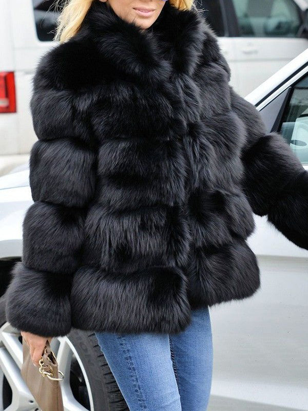 Airchics manteau en fausse fourrure col cheminée mode femme veste noir