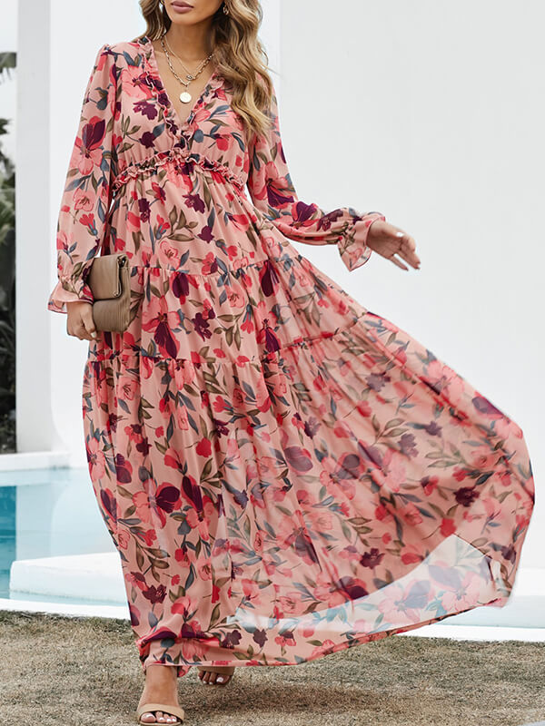 Airchics robe longue mousseline imprimé à fleurie à volantée mode plage