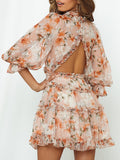 Airchics robe court imprimé à fleurie à volantée dos nu v-cou bohème de plage orange