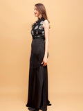 Airchics robe longue fleurie plumes une épaule élégant soirée noir