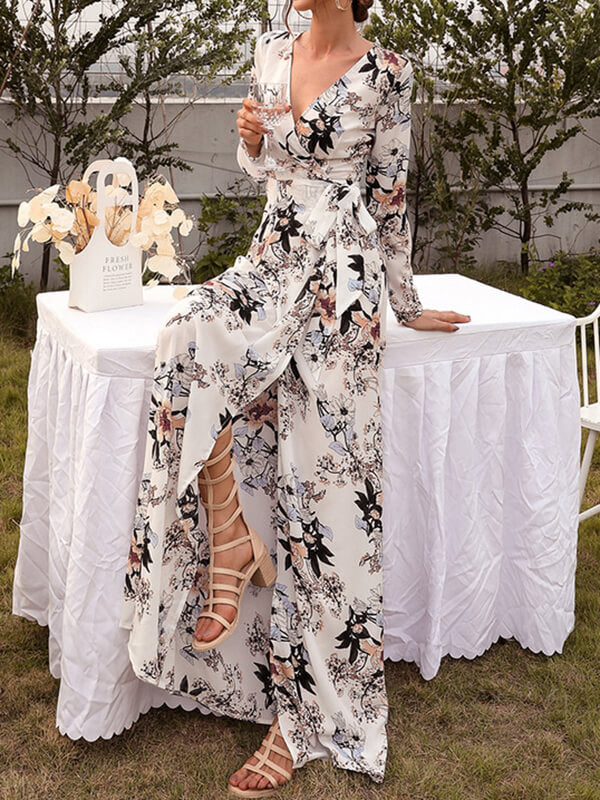 Airchics robe longue mousseline imprimé à fleurie fendu le côté avec ceinture élégant plage