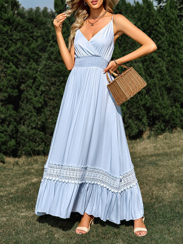 Airchics robe longue trapèze dentelle à volantée à fines brides v-cou taille haute mode