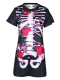 Airchics halloween t-shirt squelette rose motif col rond femme cosplay noir