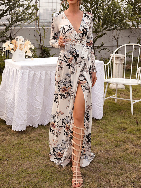 Airchics robe longue mousseline imprimé à fleurie fendu le côté avec ceinture élégant plage