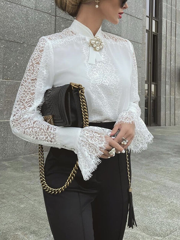 Airchics blouse dentelle transparent col montant femme élégant chemisier style tailleur