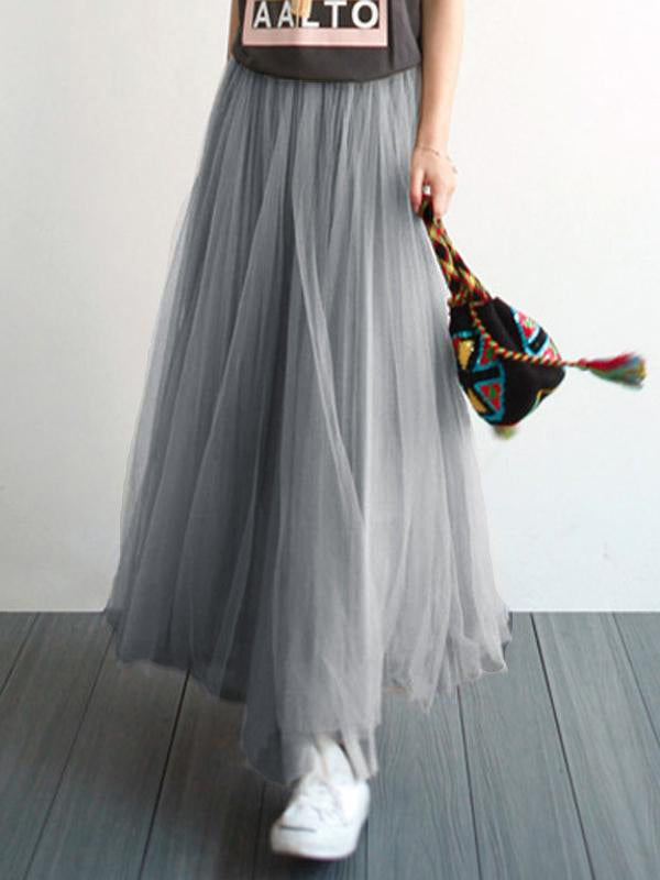 Airchics jupe longue tutu en tulle plissé taille élastique mode femme gris