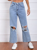 Airchics longue jeans déchiré troué droit boutons avec poches mi taille femme mode