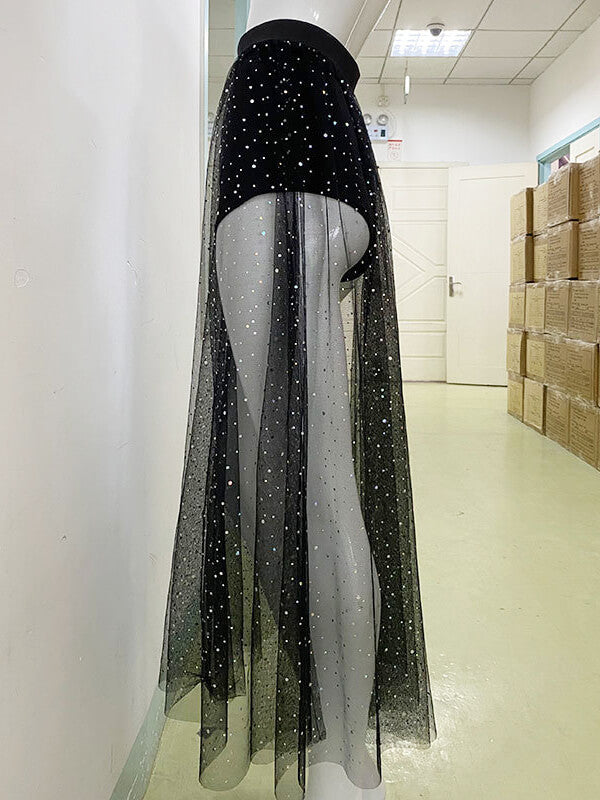 Airchics jupe longue brillante paillette tulle mode femme noir