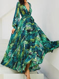 Airchics robe longue mousseline imprimée tropicale feuille fluide manches longues mode boho vert