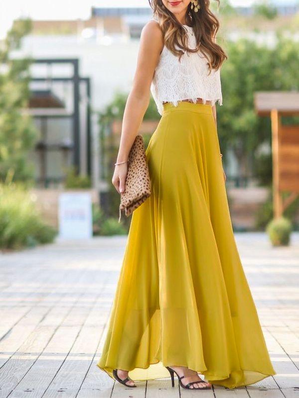 Airchics jupe longue en mousseline fluide élégant femme jaune – airchics