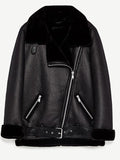 Airchics manteau aviateur en cuir doublé mouton ceinture femme motard vestes noir