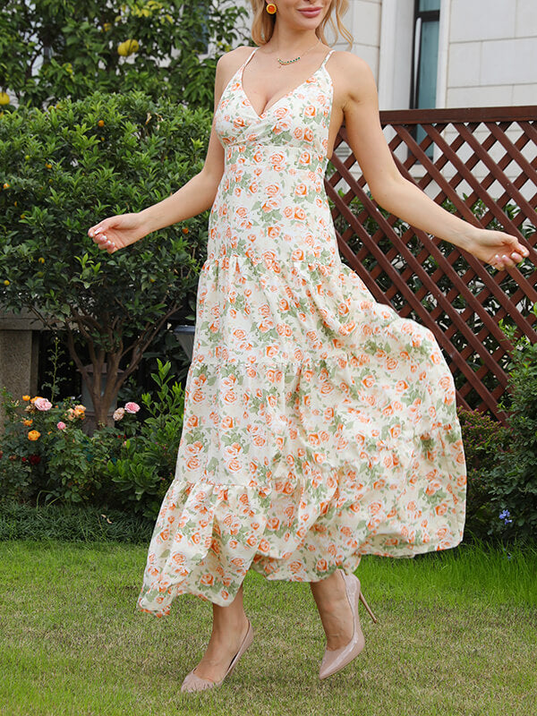 Airchics robe longue imprimé à fleurie à fines brides dos nu élégant bal de promo