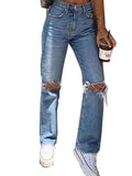 Airchics jeans droit genou découpé ample mode femme baggy pantalon bleu